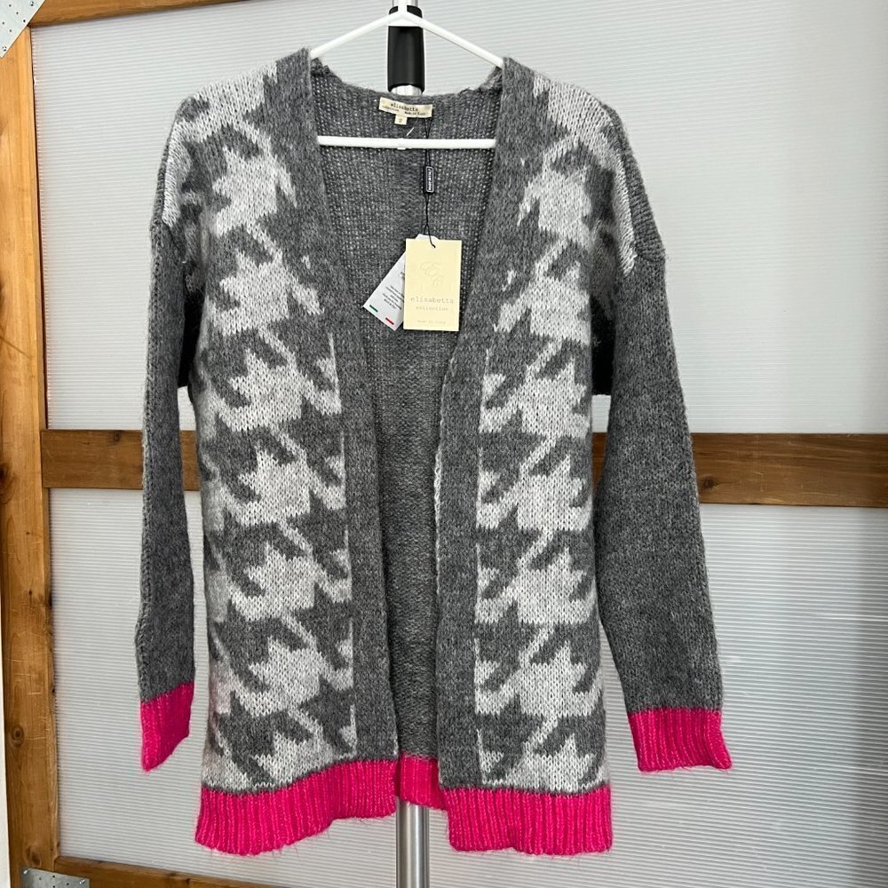 NWT Elisabetta Collection Wool Mohair‎ Blend Houndstooth Cardigan Grey Pink Sz S